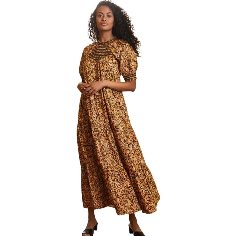 Saylor Kirstin Dress Leopard Animal Print Maxi Smocked Cotton Short Sleeve Small